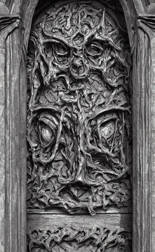 Image similar to port door with carved sinister face head. meduza gorgona. cast iron. gothic medieval baroque. symmetry. epic. ominous shapes. hyper detailed. photoreal. trending on artstation