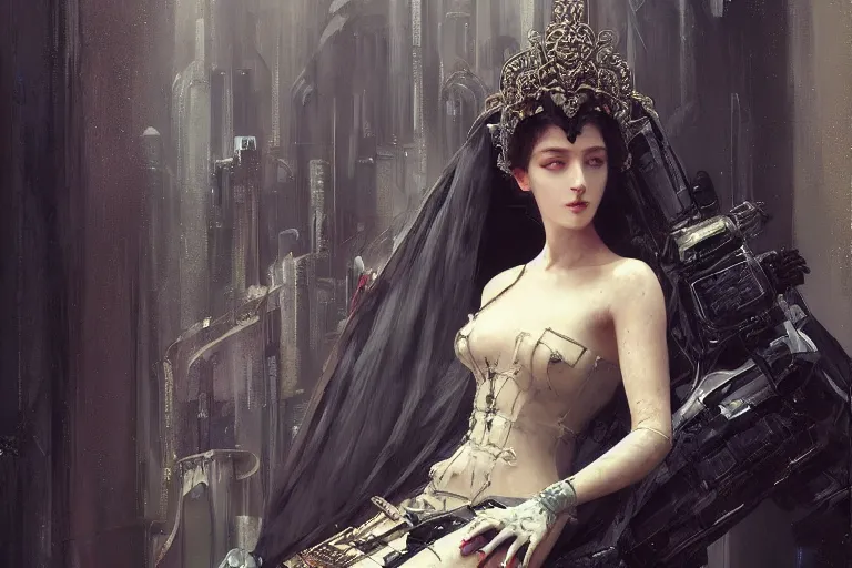 Image similar to laying beautiful painting of a crowned robotic cyberpunk princess in a gothic dark flowing gown laying, intricate, elegant, highly detailed, digital painting, artstation, concept art, by krenz cushart and artem demura and william adolph bouguereau