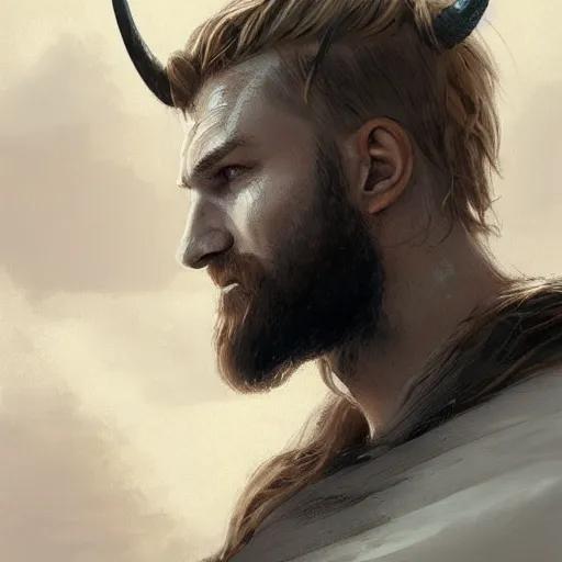 Image similar to a beautiful artwork side profile portrait of a viking warrior with long blonde hair and beard with horns by greg rutkowski , featured on artstation, norse mythology, valhalla