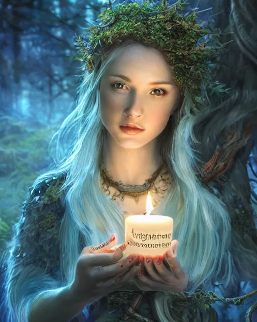 Prompt: portrait high definition photograph cute girl holding a candle fantasy character art, hyper realistic, pretty face, hyperrealism, iridescence water elemental, snake skin armor forest dryad, woody foliage, 8 k dop dof hdr fantasy character art, by aleski briclot and alexander'hollllow'fedosav and laura zalenga