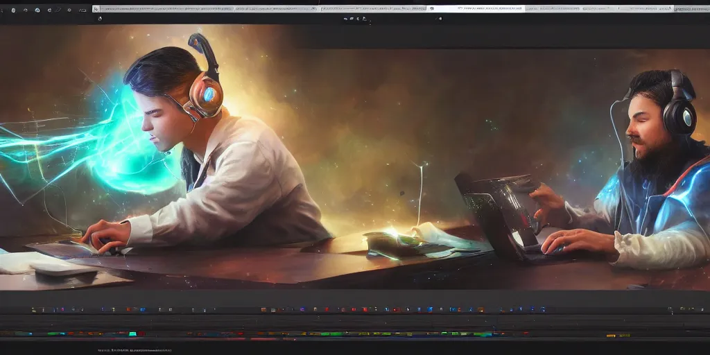 Prompt: a young mage creating a universe in his PC, a male mage in his 20s with black hair wearing headphones sitting in front of wide monitor, hands on a keyboard. hyperrealistic, extremely detailed, award-winning art, trending on Artstation