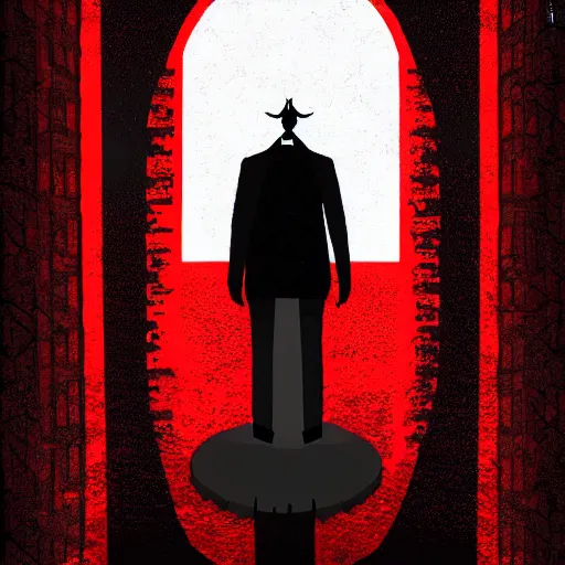 Image similar to Devil in pastor outfit facing camera head down, symmetrical, spooky, black and red, digital art