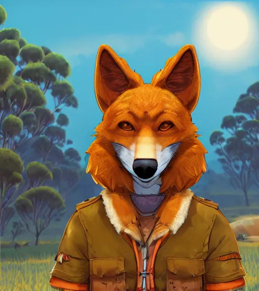 Prompt: stylized character portrait icon of the anthro anthropomorphic dingo dog head animal person fursona wearing clothes adventurer standing in australia outback, hidari, color page, tankoban, 4 k, tone mapping, akihiko yoshida