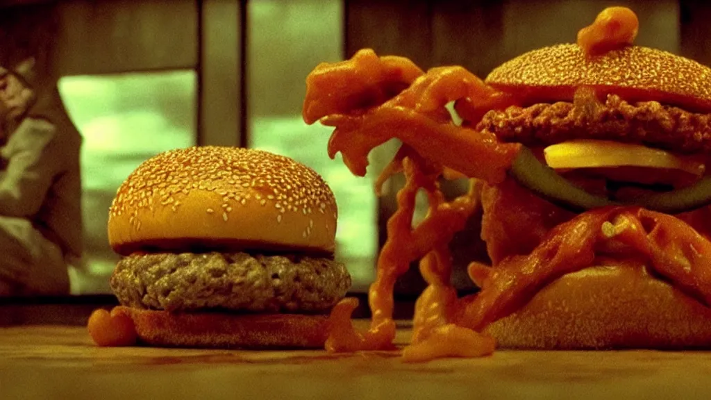 Image similar to the garbly cheeseburger creature at the fast food place, film still from the movie directed by denis villeneuve and david cronenberg with art direction by salvador dali and zdzisław beksinski, wide lens