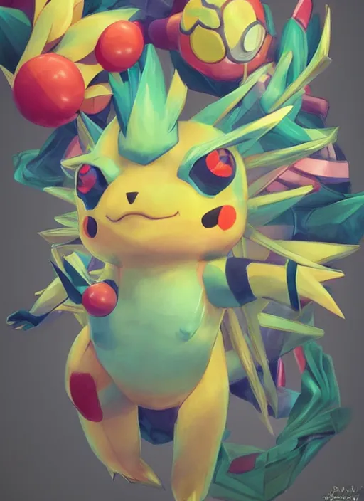 Image similar to colourful caricature - 3 d vfx art - of a pokemon, art style by james jean & hsiao - ron cheng, character concept art, unreal engine render, digital illustration, sharp, intricate detail, volumetric light, ray tracing, soft light, symmetric, pinterest, artstation, behance,