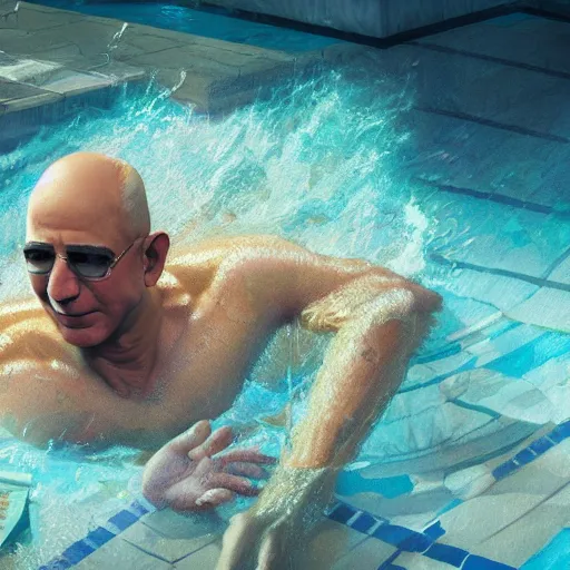 Image similar to jeff bezos swimming in a pool of cash, 4 k, photography, extremely detailed, digital art, trending on artstation, greg rutkowski, cinematic lighting, hyperrealistic