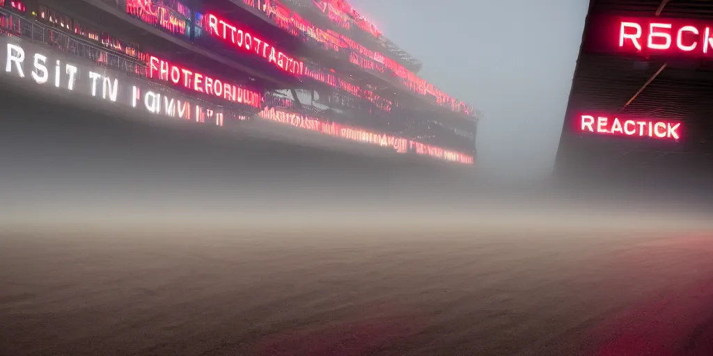 Prompt: racetrack at night in fog, colorful, mood, speed, award winning photography