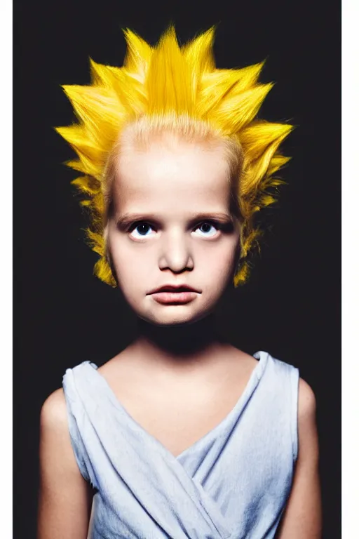 Image similar to studio portrait of girl that looks excactly like lisa simpson, lookalike, as if lisa simpson came to life, soft light, black background, fine details, close - up, award winning photo by martin schoeller