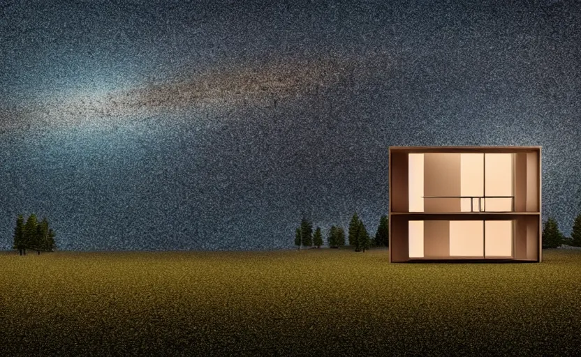 Image similar to one single stand alone huge hyperdetailed minimalist home, seen from the long distance, at night. in a wood made of paper and plastics. maximalist unexpected elements. free sky in plain natural warm tones. 8 x 1 6 k hd mixed media 3 d collage in the style of a childrenbook illustration in pastel tones. matte matte background. no frame hd