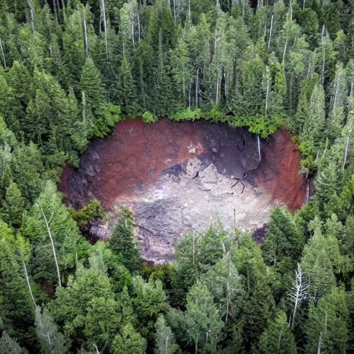 Prompt: a large sinkhole in the middle of a forest, aerial view, creepy