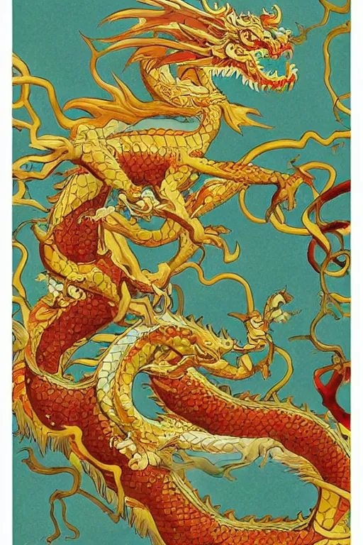 Image similar to chinese zodiac dragon, by james jean, eyvind earle, china gold clocor scheme