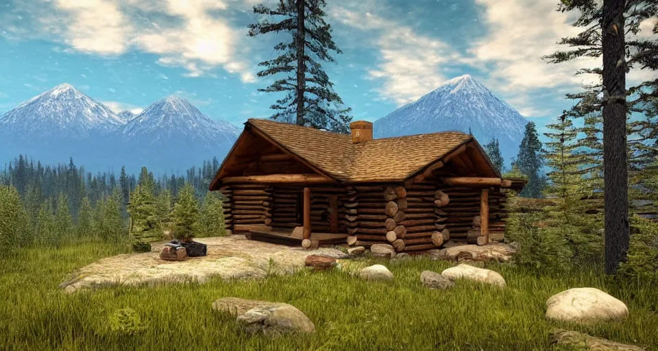 Image similar to an outside look of a log and stone cabin in a taiga with a view of two mountains with a valley in-between, 8k, cinematic, hyper-detailed, imax quality