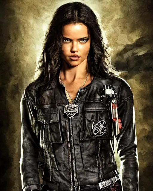 Image similar to Adriana Lima in sons of anarchy tv show, wearing jacket, D&D style , highly detailed, digital art, trending on artstation, smooth, sharp focus, illustration, art by artgem and ROBERT HYNES
