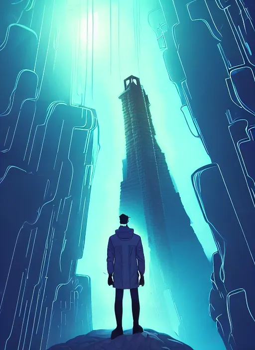 Image similar to comic book art of a [ man ] in trenchcoat with ( glowing ) [ gloves ] and [ boots ] in a [ jungle ] looking up at a [ tower ] extending into the sky made of crystalized glowing rock,, low angle, artstation illustration, elegant, cyberpunk, volumetric fog, arcane by tim doyle