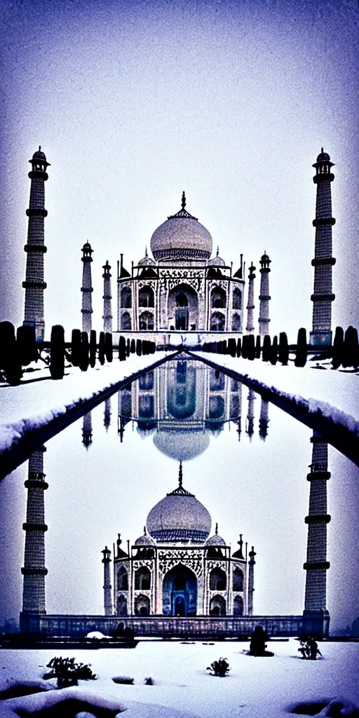 Prompt: taj mahal in the snow, photograph,