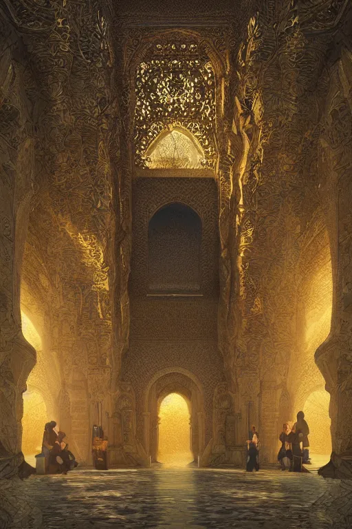 Image similar to inside a luxurious and leafy babylonian palace, portrait, powerfull, intricate, elegant, volumetric lighting, scenery, digital painting, highly detailed, artstation, sharp focus, illustration, concept art, ruan jia, steve mccurry