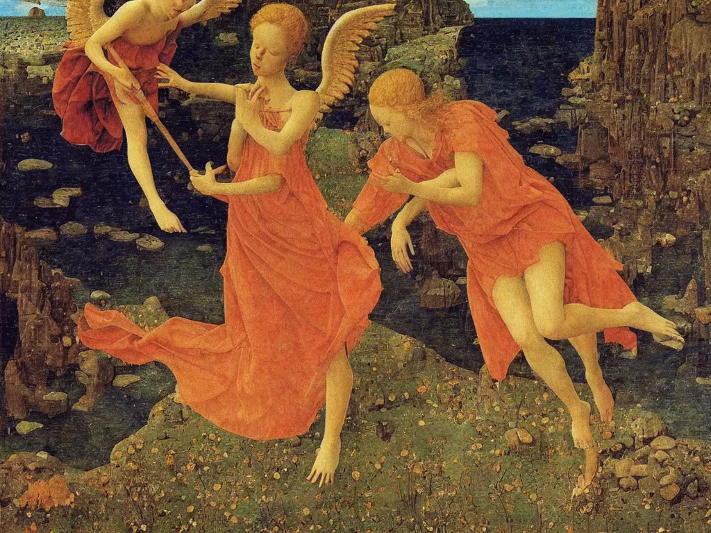 Image similar to Terrifying angel separating the waters in two. Coral-like pebbles, autumn light. Painting by Jan van Eyck, Fra Filippo Lippi, Rene Magritte, Jean Delville, Max Ernst