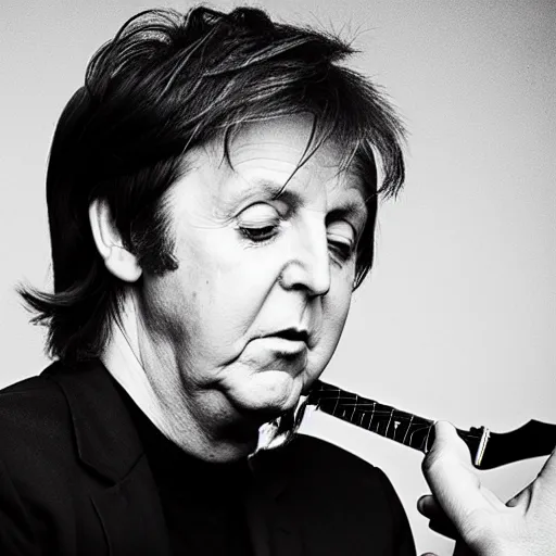 Prompt: Paul McCartney playing a tiny guitar, 8k, high definition, highly detailed, photorealistic