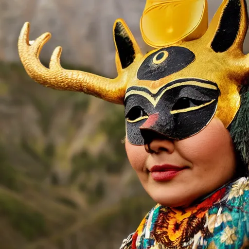 Prompt: goddess of wildlife in mountains wearing animal mask with horns
