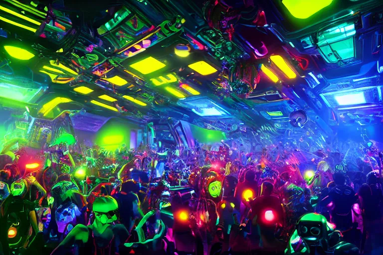 Image similar to robodad cybercore disco rave. bright scene. fine detail. this 4 k hd image is trending on artstation, featured on behance, well - rendered, extra crisp, features intricate detail, epic composition and the style of unreal engine.