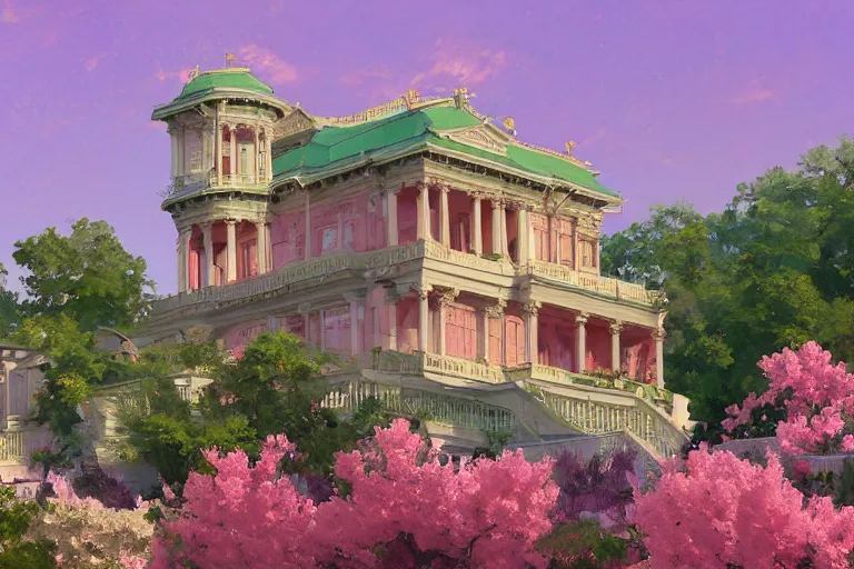 Prompt: green weed grow house, rococo style, greek architecture, pink marble building, marijuana trees, sakura season weed leaves dynamic lighting, landscape, artwork by jeremy lipkin and giuseppe dangelico pino and michael garmash and rob rey and greg manchess and huang guangjian and makoto shinkai, pixiv, 1 0 0 mm