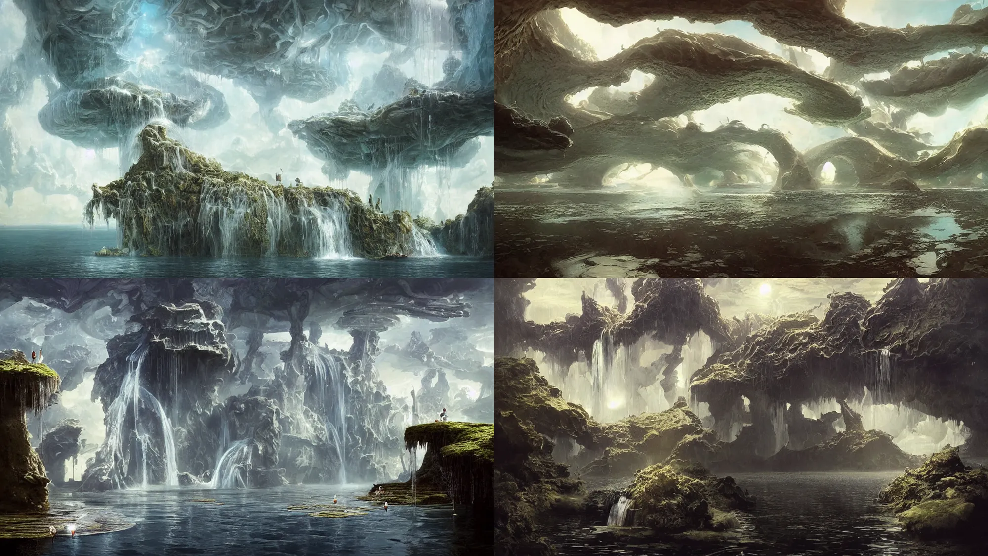 Prompt: floating islands of water with waterfalls connecting each other, whimsical surrealism, dream recording, 4 k, award - winning, subsurface scattering, deep - space imaging, intricate geometry, fantastical setting, eldritch space, otherwordly, art by salvador dali, by greg rutkowski