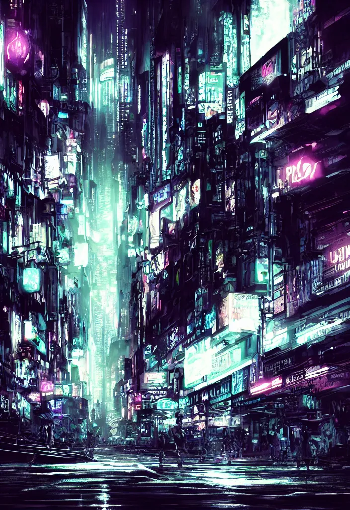 Image similar to concept art of a magnificent dark neon futuristic cyberpunk city bustling street at night cyberart in the style of liam wong, dramatic and moody, masterpiece, matte finish, 8 k, high resolution, film grain