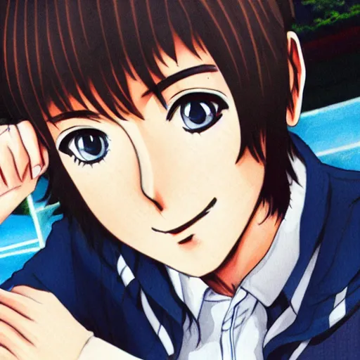 Image similar to close up anime illustration of young Paul McCartney from the Beatles, wearing a blue and white check shirt, silver sports watch, outdoors in Singapore, ufotable