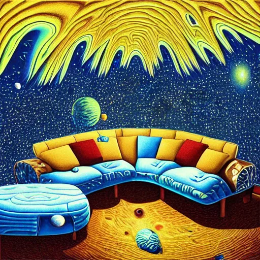 Prompt: psychedelic trippy couch pine forest planets milky way sofa cartoon by rob gonsalves