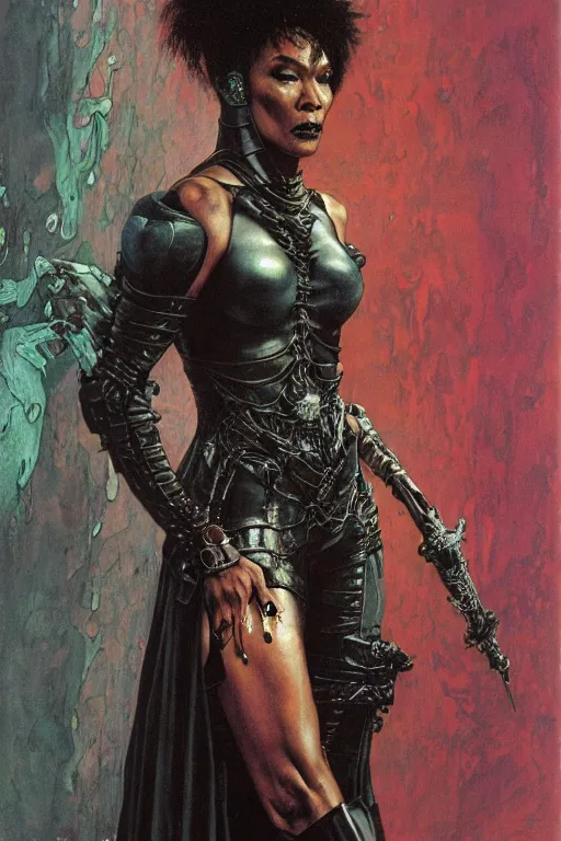 Prompt: full length portrait of angela bassett as a gothic cyberpunk warrior by lawrence alma tadema and zdzislaw beksinski and norman rockwell and jack kirby and tom lovell and greg staples