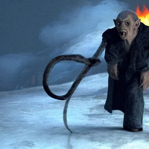 Image similar to Vladimir Putin as Gollum in Lord of the Rings, burning fires of Mordor in the background