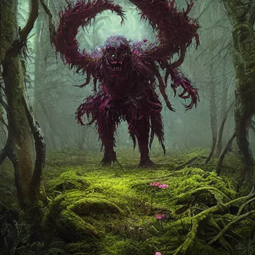 Prompt: a beautiful terrifying monster made out of moss and flowers, emerging from the undergrowth. ethereal horror fantasy art by greg rutkowski