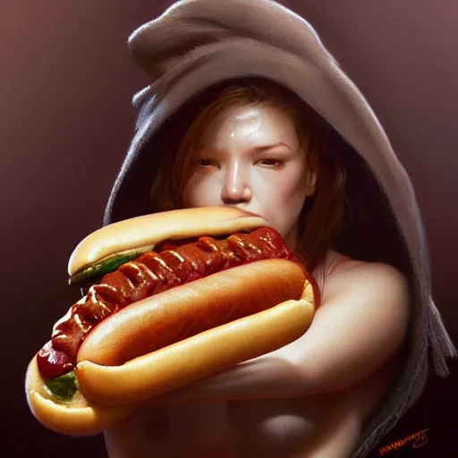 Image similar to portrait of a young rugged hot dog, extra onions and ketchup, luscious patty with sesame seeds, handsome, D&D, fantasy, intricate, elegant, highly detailed, digital painting, sweaty meat, artstation, concept art, matte, sharp focus, illustration, art by Artgerm and Greg Rutkowski and Alphonse Mucha