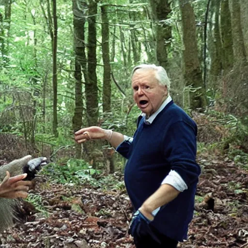 Prompt: Sir David Attenborough in the woods with Bigfoot Sasquatch