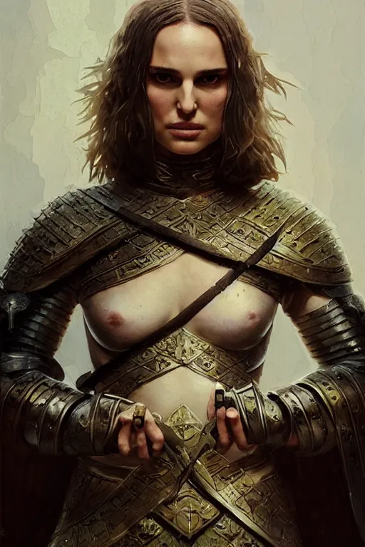 Image similar to natalie portman, legendary warrior, heroic, lord of the rings, tattoos, decorative ornaments, battle armor, by carl spitzweg, ismail inceoglu, vdragan bibin, hans thoma, greg rutkowski, alexandros pyromallis, perfect face, fine details, realistic shading photorealism