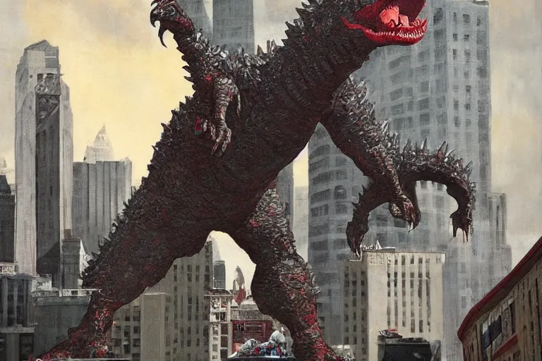 Image similar to giant buster keaton in the city, battling godzilla with clever acrobatics. color fantasy painting, highly detailed, trending on artstation