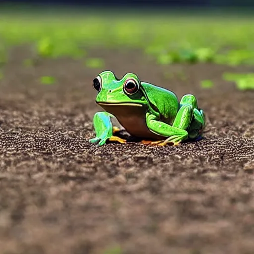 Prompt: a frog standing upright in the middle of a gigantic field, he is lost