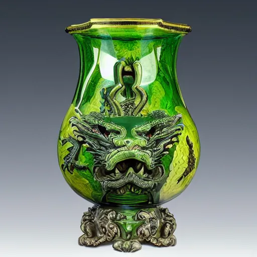 Image similar to vase in the shape of a dragon with green accents designed by leonardo da vinci