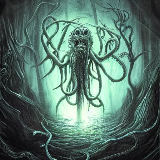 Prompt: lovecraft horror, eldritch monster, realistic, detailed, dark fantasy, evil