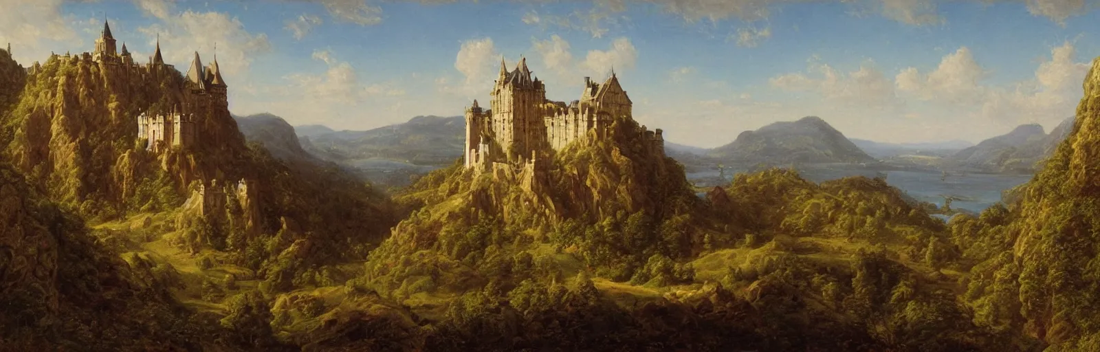 Image similar to a painting of a castle on top of a mountain, a matte painting by Charles Cundall,hudson river school, matte painting, rococo, detailed painting