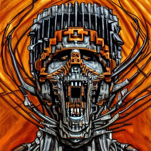 Prompt: minecraft steve in the style of h. r giger, painting, biomechanical style