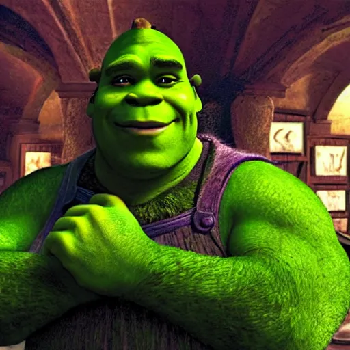 Prompt: a photographic still of Shrek in The Matrix as Neo