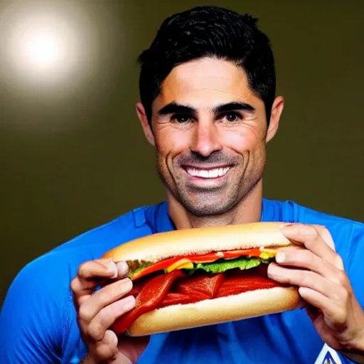 Image similar to a promo portrait of mikel arteta holding a delicious hot dog with mustard and ketchup up to the camera, happy, hyper detailed, fisheye lense, reuters