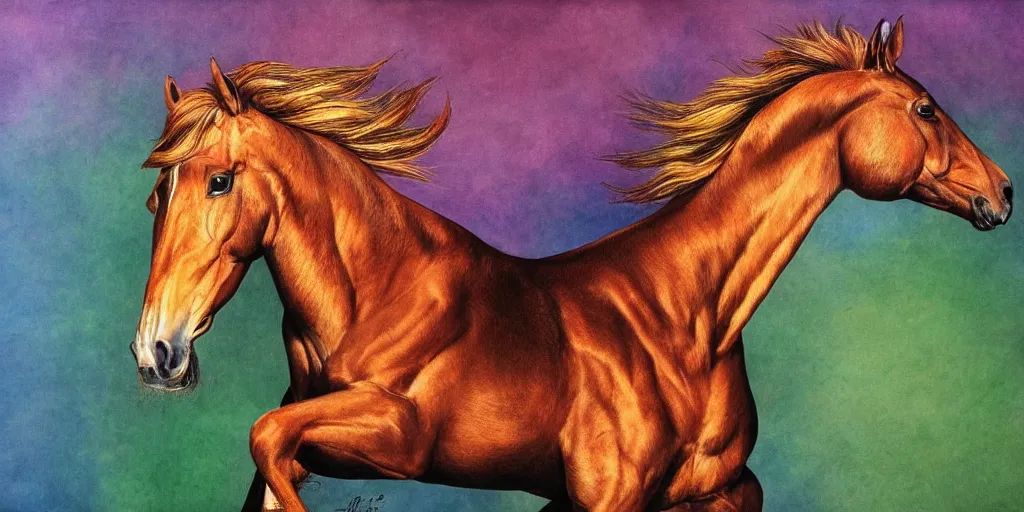 Image similar to a horse with a human head hyper realistic, colorful