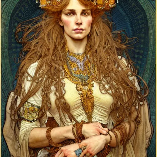 Image similar to highly detailed portrait of a majestic lioness queen as a beautiful woman. d & d, art by anton pieck and augustus edwin mulready and alphonse mucha and magali villeneuve. trending on artstation, intricate details, energetic composition, golden ratio, concept art, illustration, elegant art