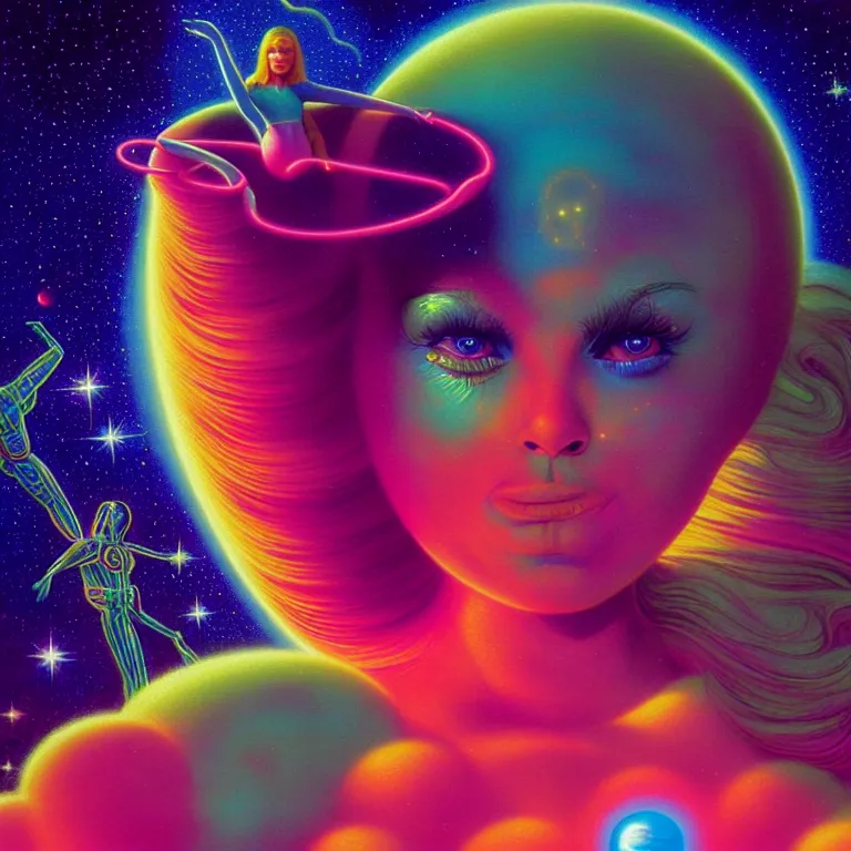 Prompt: cosmic girl, 2 0 yo, medium close - up, bright neon colors, highly detailed, cinematic, panoramic, tim white, michael whelan, roger dean, bob eggleton, philippe druillet, vladimir kush, kubrick, alfred kelsner, boris vallejo