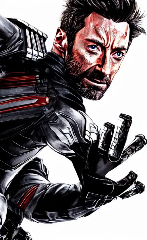 Prompt: portrait of hugh jackman as bucky barnes from the avengers infinity war, character concept art, hyperrealistic, detailed, accurate illustration, dramatic lighting, action pose