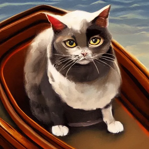 Image similar to a painting of a cat in a life-boat in the middle of the ocean. artstation. digital art.