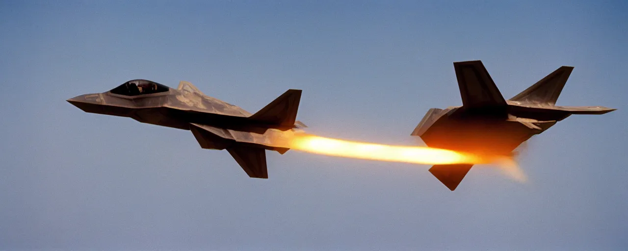 Image similar to an f - 2 2 plane firing spaghetti missiles, flying over the ocean, canon 5 0 mm, cinematic lighting, photography, retro, film, kodachrome