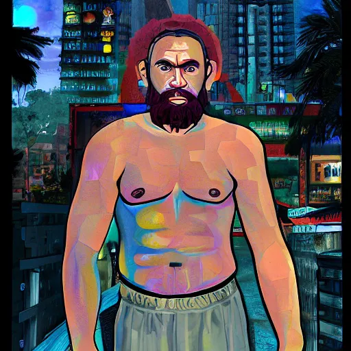 Prompt: an painting with saint homo neanderthalis with book of science on hand, gta chinatown wars art style, hyperrealistic, rgba colors, remove duplicate content, justify contents center.